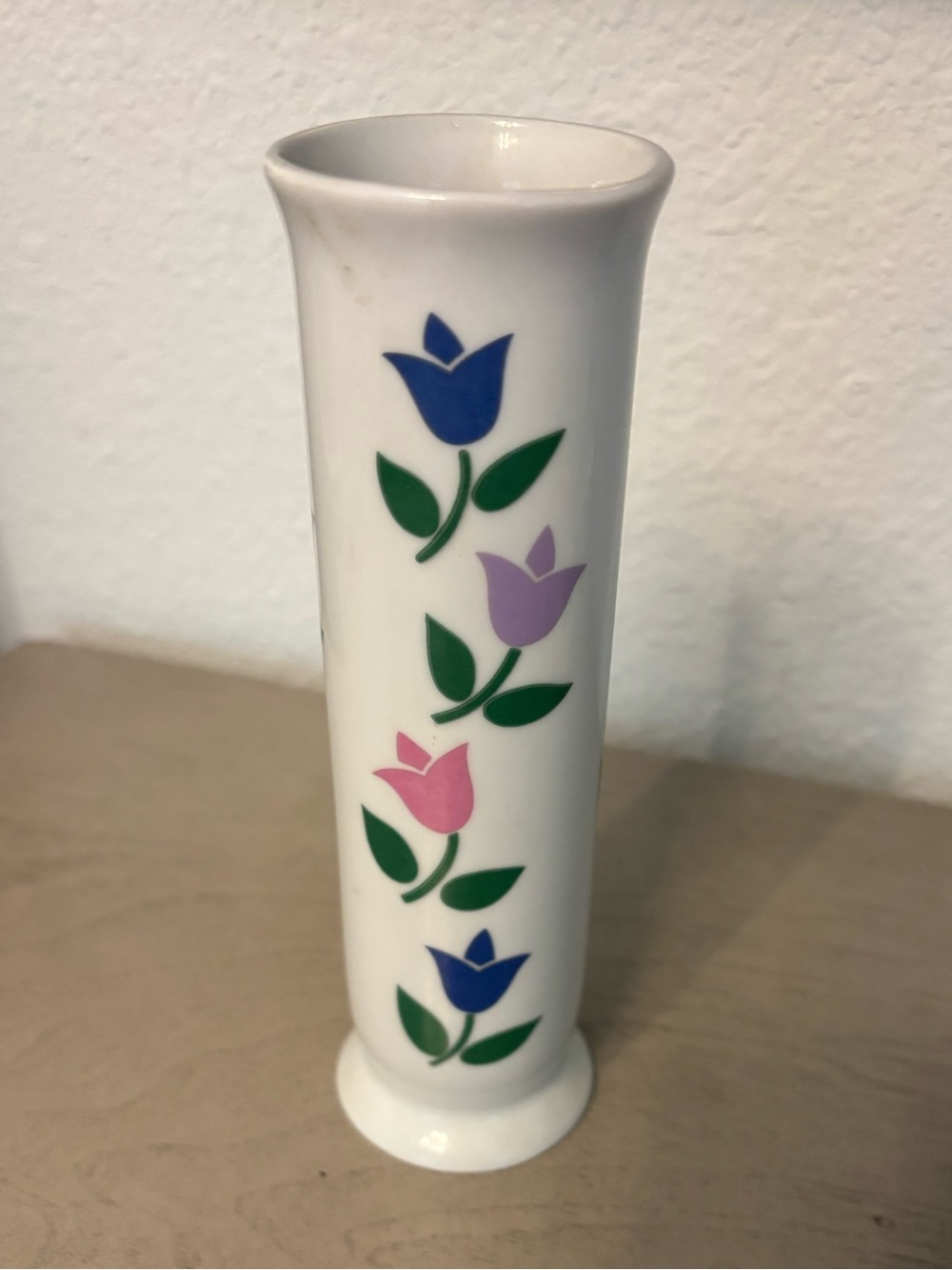 Vintage 1988 FTDA 6 1/2" Bud Vase with Blue Pink Lavender Tulips Made in Korea